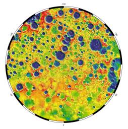 This is a polar stereographic map of gravity of the north polar region of the moon from the Gravity Recovery and Interior Laboratory (GRAIL) mission. The map displays the region from latitude 60 north to the pole.