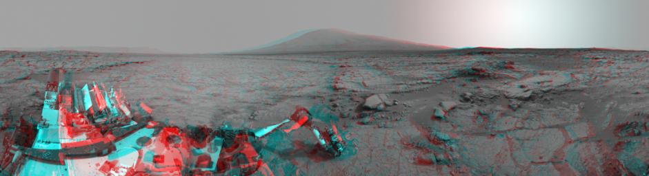 The left and right eyes of the Navigation Camera (Navcam) in NASA's Curiosity Mars rover took the dozens of images combined into this 3-D scene of the rover and its surroundings.