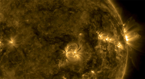 On Sept. 12-14,2016 NASA's Solar Dynamics Observatory spotted a series of active regions stretched along the right side of the sun exhibited a wide variety of loops cascading above them. Earth quickly passed in front of a portion of the sun.