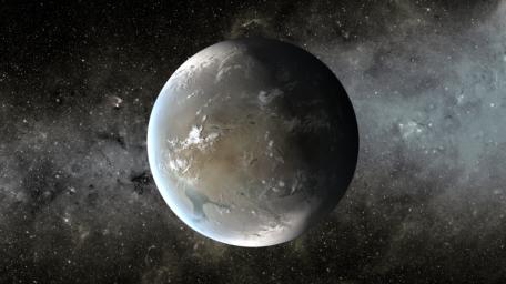 The artist's concept depicts Kepler-62f, a super-Earth-size planet in the habitable zone of a star smaller and cooler than the sun, located about 1,200 light-years from Earth in the constellation Lyra.
