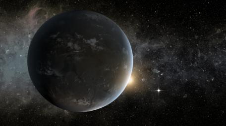 This artist's concept depicts in the foreground planet Kepler-62f, a super-Earth-size planet in the habitable zone of its star, which is seen peeking out from behind the right edge of the planet.