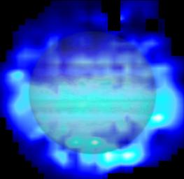 This map shows the distribution of water in the stratosphere of Jupiter as measured with the Herschel space observatory. White and cyan indicate highest concentration of water, and blue indicates lesser amounts.