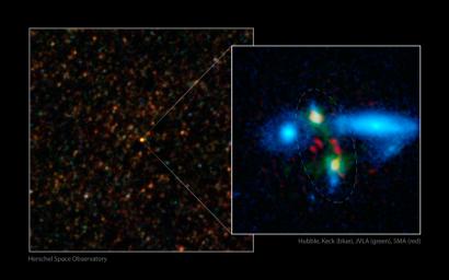 ESA's Herschel Space Observatory first spotted the colliding duo in images taken with longer-wavelength infrared light (left) with a close-up view at right, with merging galaxies circled.