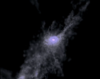 Created with the help of supercomputers, this frame from a simulation shows the formation of a massive galaxy during the first 2 billion years of the universe.