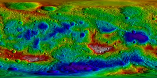 This color-coded topography map from NASA's Dawn mission shows the giant asteroid Vesta in an equirectangular projection at 32 pixels per degree, relative to an ellipsoid of 177 miles by 177 miles by 142 miles.