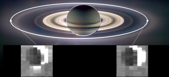 This set of images from NASA's Cassini mission shows how the gravitational pull of Saturn affects the amount of spray coming from jets at the active moon Enceladus.