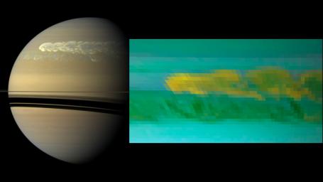 This set of images from NASA's Cassini mission shows the turbulent power of a monster Saturn storm. The visible-light image in the back, obtained on Feb. 25, 2011 shows the turbulent clouds churning across the face of Saturn.