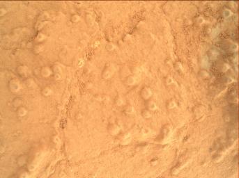 This image taken by the Mars Hand Lens Imager (MAHLI) on NASA's Mars rover Curiosity shows the texture of the patch of flat-lying bedrock called 'Cumberland,' which was the mission's second target for use of the rover's sample-collecting drill.
