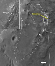 NASA's Mars Exploration Rover Opportunity drove onto the 'Cape York' segment of the rim of Endeavour Crater in August 2011 and departed Cape York in May 2013. The location of a rock target called 'Esperance' is indicated in the main map.