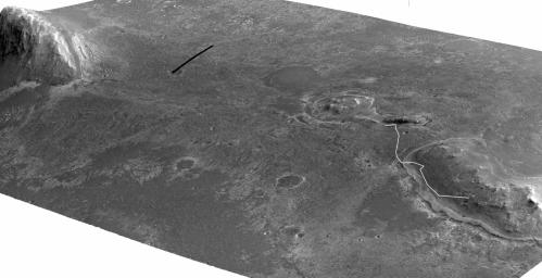 A stereo pair of images from taken from Mars orbit were used to generate a digital elevation model that is the basis for this simulated perspective view of 'Cape York,' 'Botany Bay,' and 'Solander Point' on the western rim of Endeavour Crater.