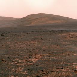 NASA's Mars Exploration Rover Opportunity used its panoramic camera (Pancam) to acquire this view of 'Solander Point.' The southward-looking scene, presented in true color, shows Solander Point on the center horizon.