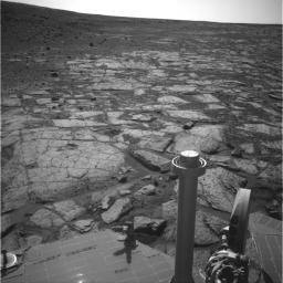 NASA's Mars Exploration Rover Opportunity used its navigation camera (Navcam) to record this image of the northern end of 'Solander Point,' a raised section of the western rim of Endeavour Crater.