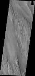 This image from NASA's Mars Odyssey spacecraft shows wind erosion that has formed yardangs. These parallel sets of ridges and valley are formed by sandblasing poorly consolidated surface materials.