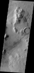 This image from NASA's Mars Odyssey spacecraft shows a long dune that extends from the side of a hill which looks like the beak of a humming bird.