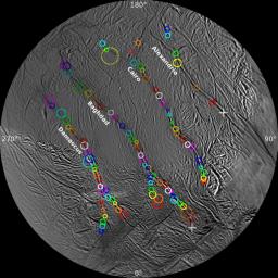 On this polar stereographic map of Enceladus' south polar terrain, all 100 geysers have been plotted whose source locations have been determined in NASA's Cassini's imaging survey of the moon's geyser basin.