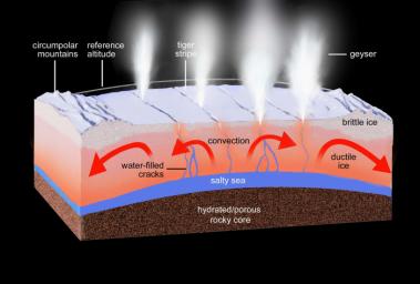 This artist's rendering shows a regional cross-section of the ice shell underlying Enceladus' south polar terrain, illustrating our current knowledge of the physical and thermal structure and processes ongoing below and at the surface.