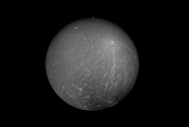 NASA's Cassini spacecraft captured this striking view of Saturn's moon Dione on July 23, 2012. Its density suggests that about a third of the moon is made up of a dense core (probably silicate rock) with the remainder of its material being water ice.