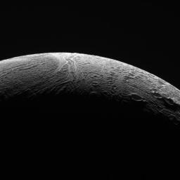 NASA's Cassini orbiter peered out over the northern territory on Saturn's moon Enceladus, during its final close flyby of Enceladus, on Dec. 19, 2015.