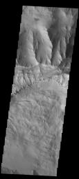 A large landslide deposit fills the bottom part of this image of Coprates Chasma captured by NASA's 2001 Mars Odyssey spacecraft.