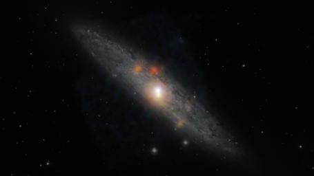 The Sculptor galaxy is seen in a new light, in this composite image from NASA's Nuclear Spectroscopic Telescope Array (NuSTAR) and the European Southern Observatory in Chile.