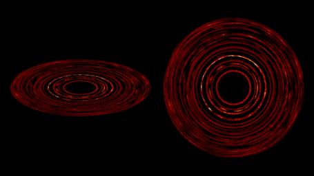 This image shows the dust density and the growth of structure in a simulated disk, which extends about 100 times farther from its star than Earth's orbit around the sun.
