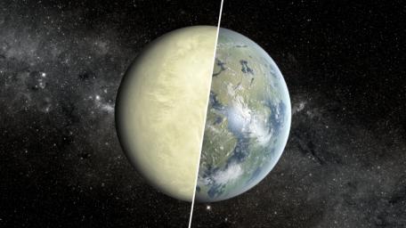 This artist's concept shows a Super Venus planet on the left, and a Super Earth on the right. Researchers use a concept known as the habitable zone to distinguish between these two types of planets, which exist beyond our solar system.