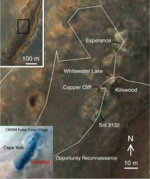 A region known as 'Cape York' on the western rim of Endeavour Crater, where the Opportunity rover worked for 20 months, is highlighted in these images from NASA's Mars Reconnaissance Orbiter.