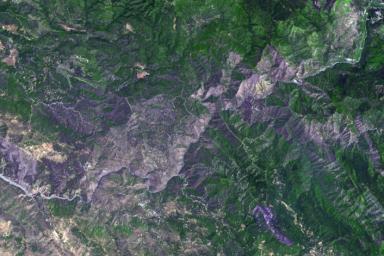 This image, acquired by NASA's Terra spacecraft, is of the Carstens, Calif. wildfire which continues to burn in the foothills west of Yosemite National Park. Vegetation is displayed in green and burned and bare areas are dark to light gray.