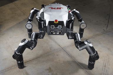 Known as 'Clyde,' RoboSimian is an an ape-like robot designed and built at Jet Propulsion Laboratory, Pasadena, Ca. The robot is four-footed but can also stand on two feet. It has four general-purpose limbs and hands capable of mobility and manipulation.