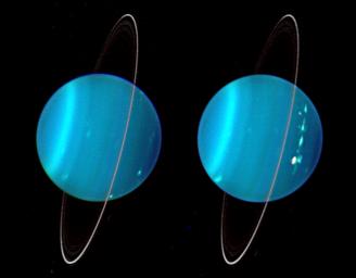 An infrared composite image of the two hemispheres of Uranus obtained with Keck Telescope adaptive optics.
