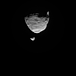 This image from a movie clip shows Phobos, the larger of the two moons of Mars, passing in front of the other Martian moon, Deimos, on Aug. 1, from the perspective of NASA's Mars rover Curiosity.
