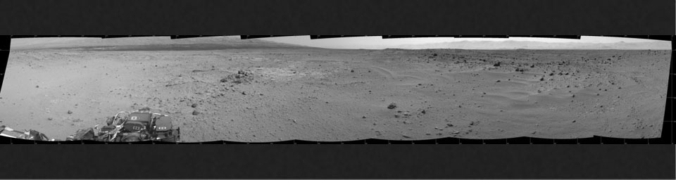 This mosaic of images from the Navigation Camera (Navcam) on NASA's Mars rover Curiosity shows the scene from the rover's position on the 376th Martian day, or sol, of the mission (Aug. 27, 2013).