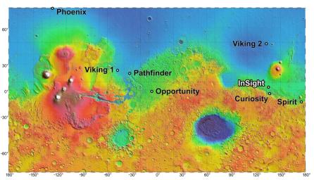 This topographic map shows four semifinalist sites located close together in the Elysium Planitia region of Mars; the mission InSight will study the Red Planet's interior to advance understanding of the processes that formed and shaped the rocky planets.