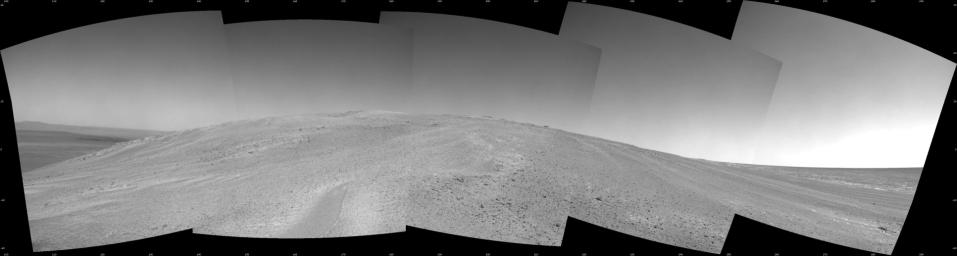 NASA's Mars Exploration Rover Opportunity captured this southward uphill view after beginning to ascend the northwestern slope of 'Solander Point' on the western rim of Endeavour Crater.