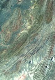 This image acquired by NASA's Terra spacecraft shows the Sulaiman fold-thrust belt in northwestern Pakistan, a linear or arcuate belt in which compression has produced a combination of thrust faults and folds.