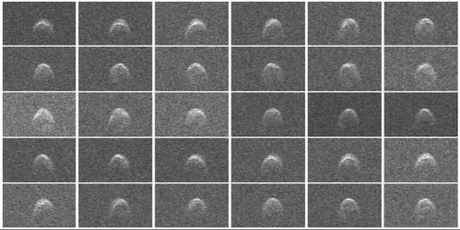 This collage of radar images of near-Earth asteroid 2005 WK4 was collected by NASA scientists using the 230-foot (70-meter) Deep Space Network antenna at Goldstone, Calif., on Aug. 8, 2013.