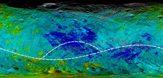 This colorized map from NASA's Dawn mission shows the types of rocks and minerals distributed around the surface of the giant asteroid Vesta.