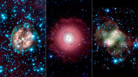 This trio of ghostly images from NASA's Spitzer Space Telescope shows the disembodied remains of dying stars called planetary nebulas. Planetary nebulas are a late stage in a sun-like star's life.