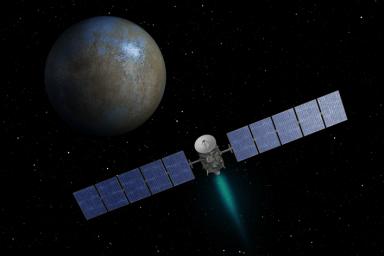 This artist's concept shows NASA's Dawn spacecraft heading toward the dwarf planet Ceres. When Dawn arrives, it will be the first spacecraft to go into orbit around two destinations in our solar system beyond Earth.