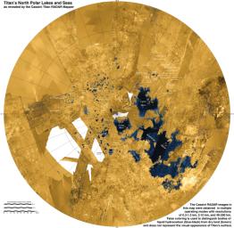 This colorized mosaic from NASA's Cassini mission shows the most complete view yet of Titan's northern land of lakes and seas. The liquid in Titan's lakes and seas is mostly methane and ethane.