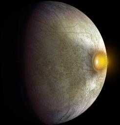 This artist's concept shows a possible explosion resulting from a high-speed collision between a space rock and Jupiter's moon Europa.