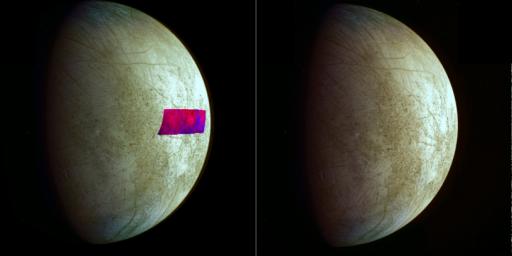 This image, using data from NASA's Galileo mission, shows the first detection of clay-like minerals on the surface of Jupiter's moon Europa.