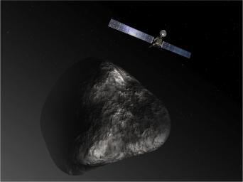 Artist's impression of the Rosetta orbiter at comet 67P/Churyumova-Gerasimenko. The image is not to scale.