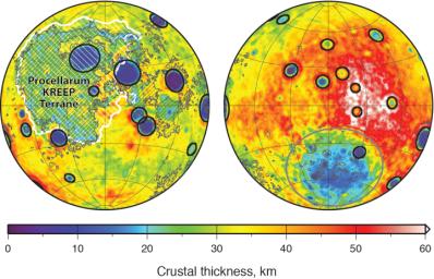 Global map of crustal thickness of the moon derived from gravity data obtained by NASA's GRAIL spacecraft. The lunar near side is represented on the left hemisphere. The far side is represented in the right hemisphere.