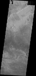 The channel in the bottom part of this image captured by NASA's 2001 Mars Odyssey spacecraft was created by lava flow rather than water flow. This feature is located in the Tharsis plains east of Olympus Mons.