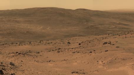 This section from a panorama that NASA's Mars Exploration Rover Spirit acquired in October 2005 from the top of 'Husband Hill' presents the view toward the south from that summit.