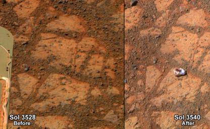 This before-and-after pair of images of the same patch of ground in front of NASA's Mars Exploration Rover Opportunity 13 days apart documents the arrival of a bright rock onto the scene.