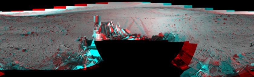 This stereo mosaic of images from NASA's Mars rover Curiosity shows the terrain surrounding the rover's position on the 524th Martian day. You need 3-D glasses to view this image.
