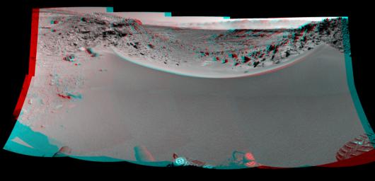 This stereo mosaic of images from NASA's Mars rover Curiosity shows the terrain to the west from the rover's position on Jan. 30, 2014. You need 3D glasses to view this image.