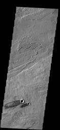 The two dark windstreaks in this image from NASA's 2001 Mars Odyssey spacecraft are located on the extensive lava plains of Daedalia Planum.
